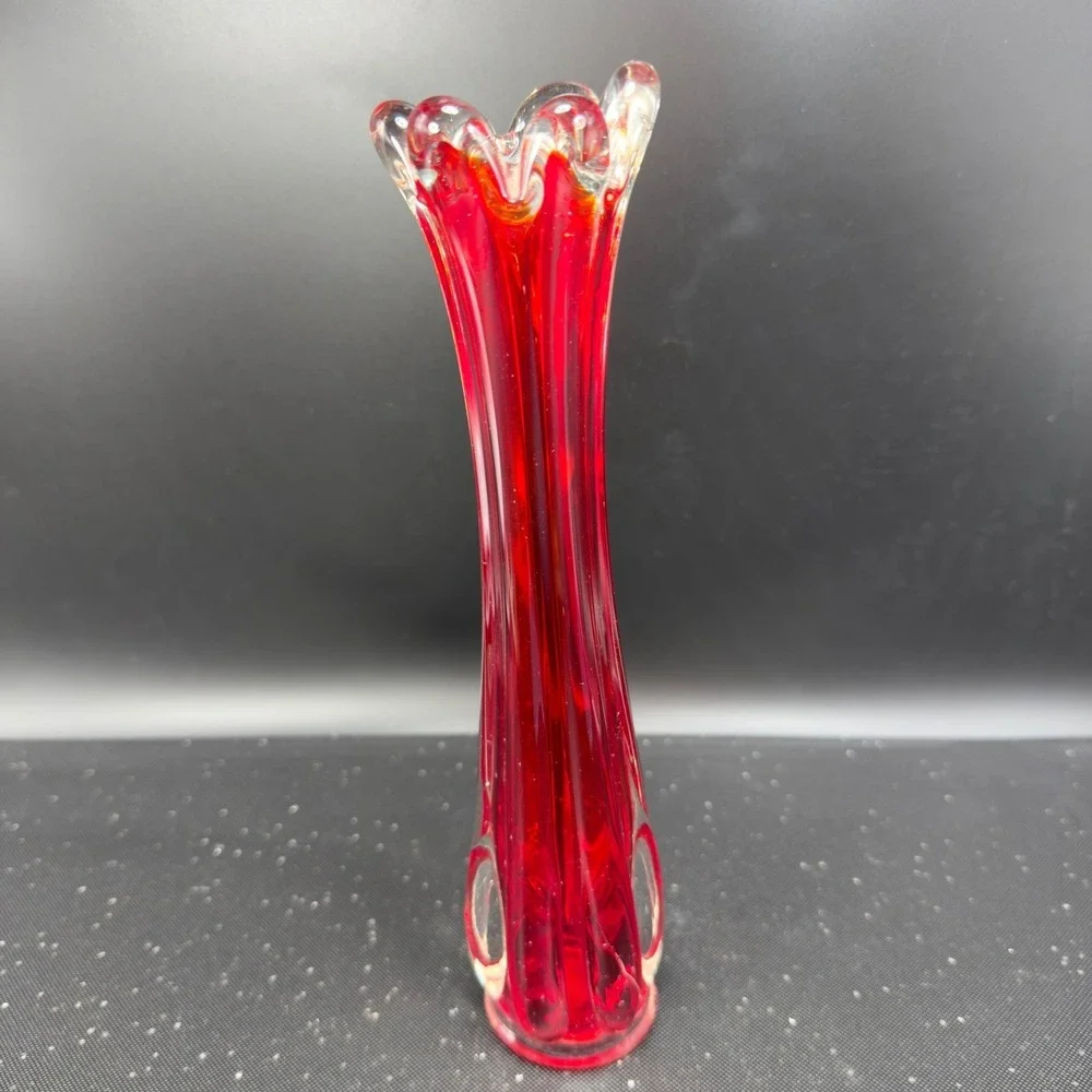 Vintage Ruby Red Swung Glass Bud Vase Ruffled Finger Rim Mid Century Modern‎ VTG